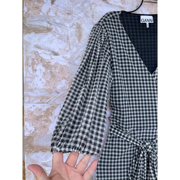 GANNI Gingham Mesh Wrap Mini Dress size 34/4 - Picture 6 of 11